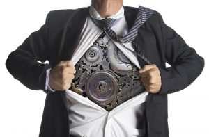 Man who is actually an automation with gears