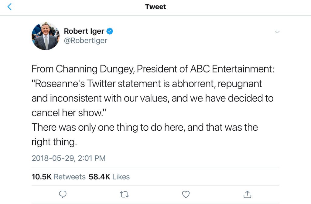 ABC cancels tv show because of racism demonstrated by star actress