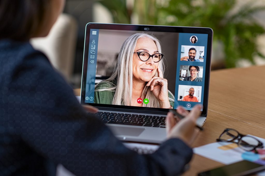 Business team in video conference people participating in group coaching and training online