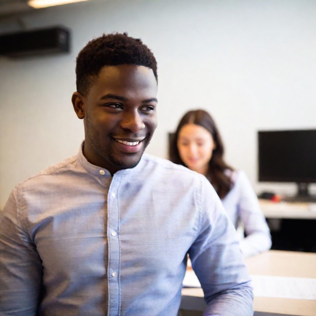 Young Black male employee with AI skills smiling at work
