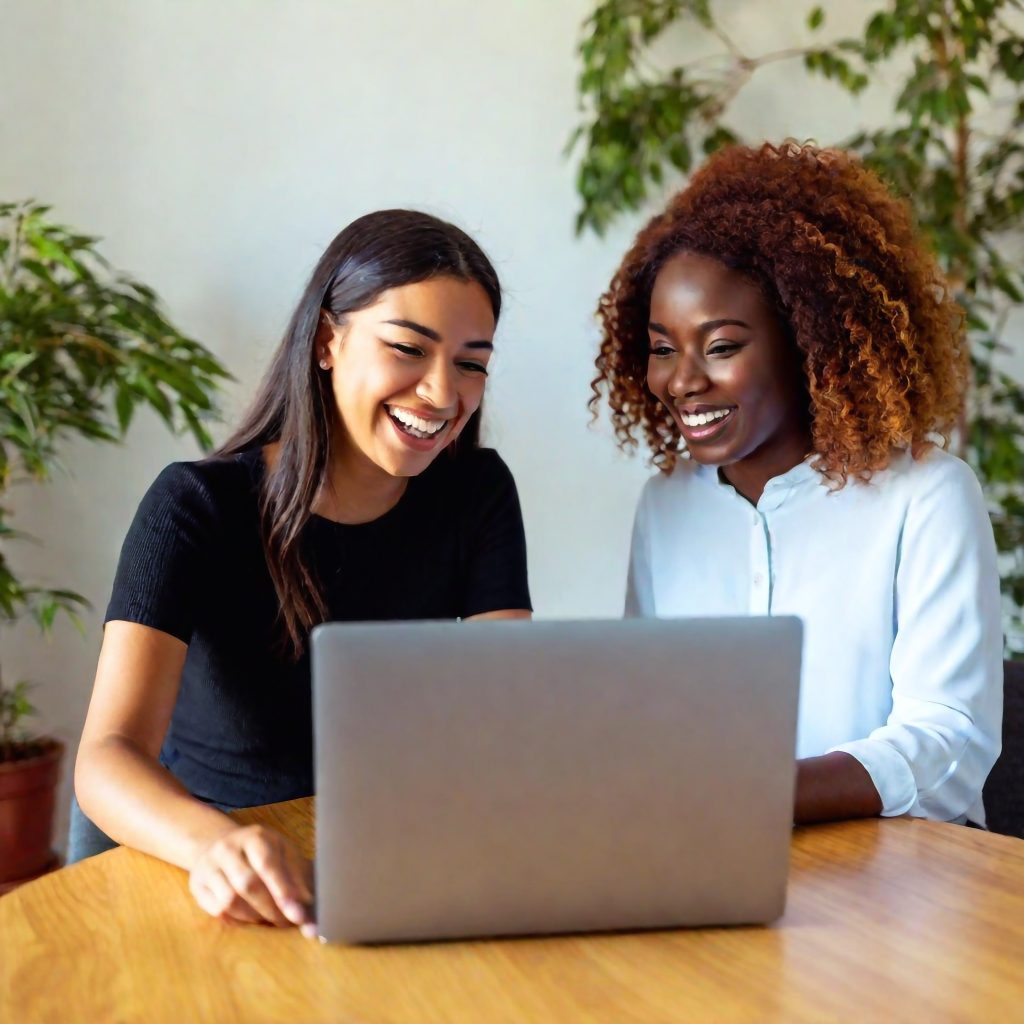 Two women on video call with a third person